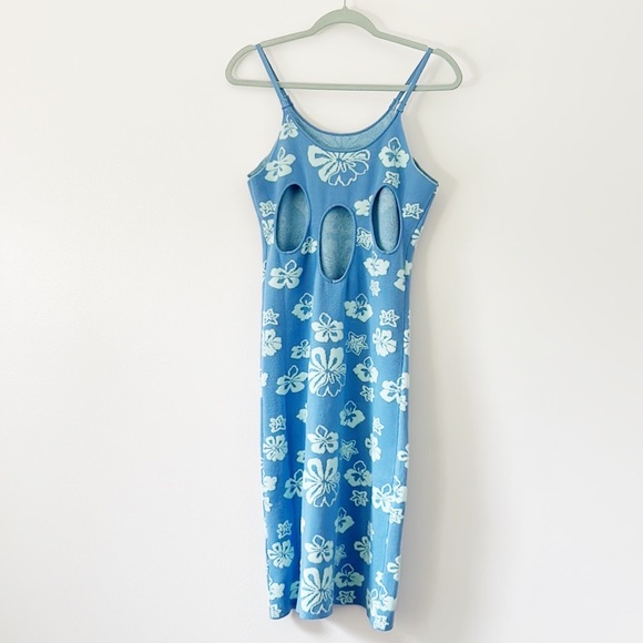 $5 $5 $5 NEW Amazon Blue Flower Power Jersey Stretchy Open Back Midi Dress Sz M - Picture 4 of 6